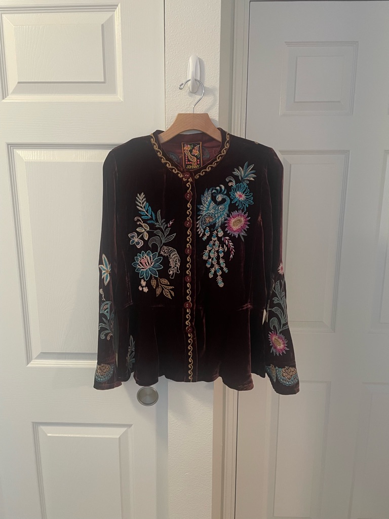 Johnny Was Burgundy Velvet Embroidered Jacket With Teal & Pink Accents